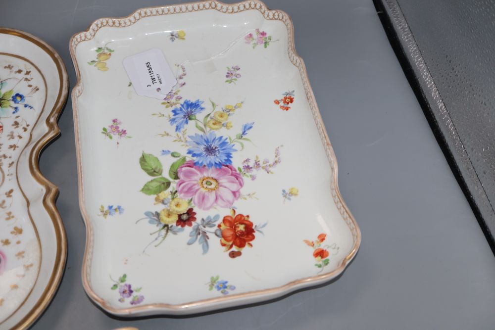 A late Meissen rectangular dish, a Meissen style square dish and a French porcelain tray (3)